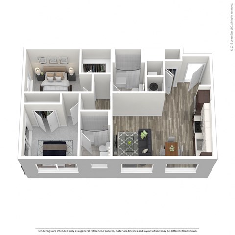 A floor plan of a house with a living room, kitchen, and two bedrooms.